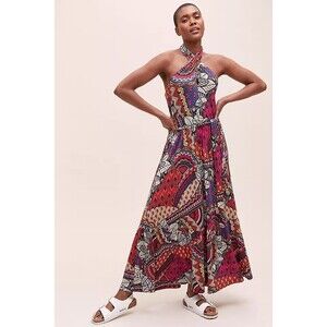 Anthropologie Maeve Cynthia Halter Maxi Dress Size L multi beach stretch knit